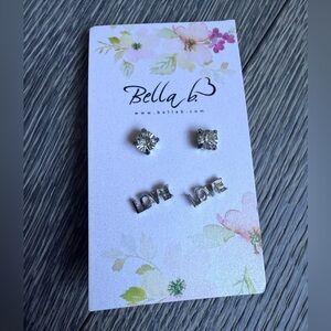 Bella B Rhinestone Stud & Love Word Earrings Duo Set
